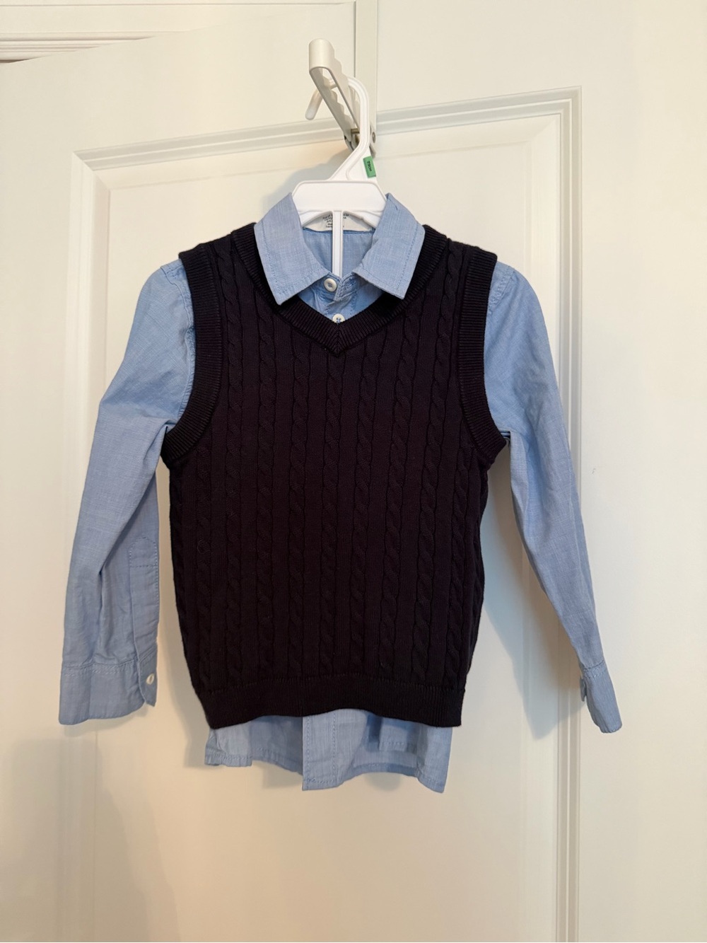 H&M Navy Cable Knit Vest with Light Blue Shirt